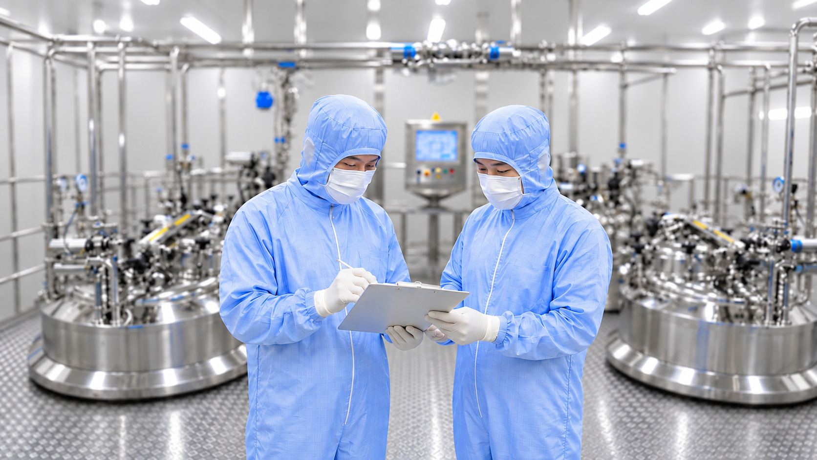 Two operators reviewing batch records in the compounding room at the Fujimino site