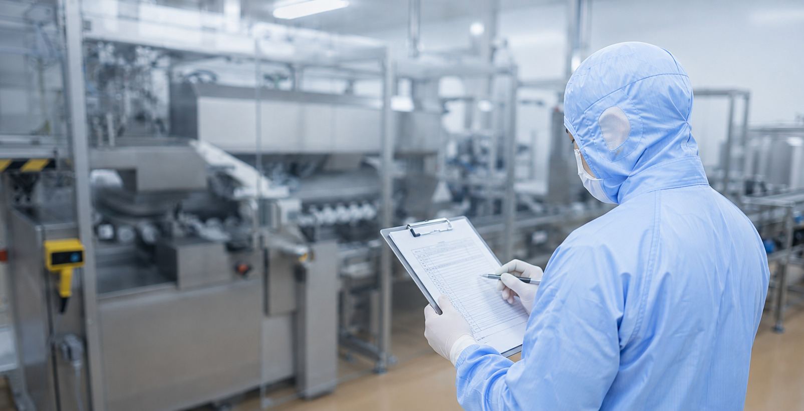 Operator completing a batch checklist beside a filling line